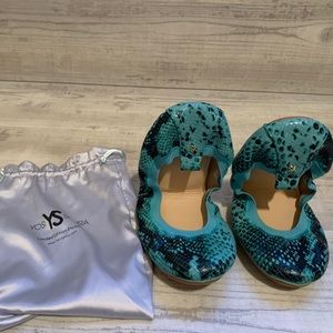 Yosi Samra Teal Snakeskin Foldable Flats
